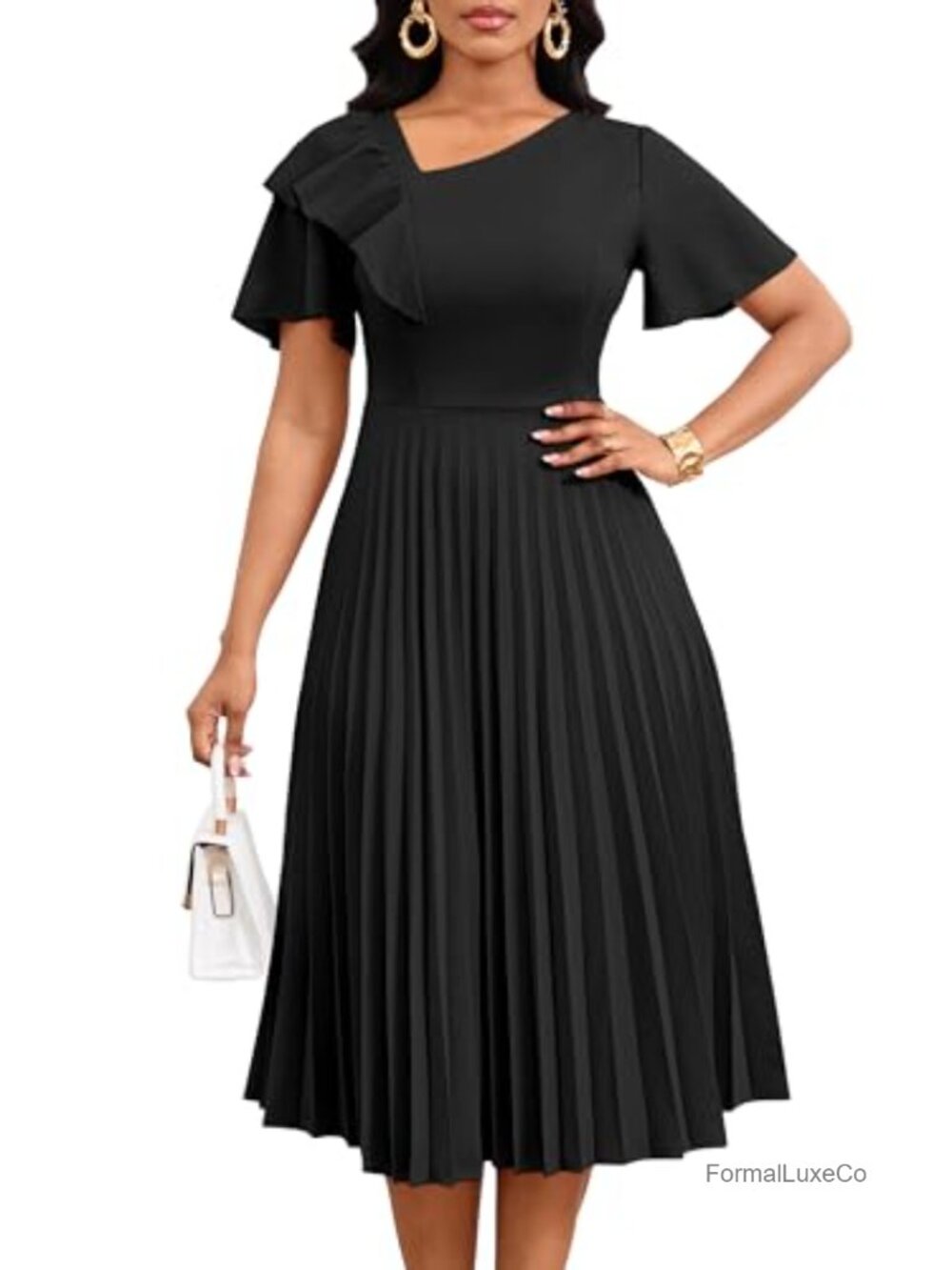 Pleated Midi Dress Ruffle Short Sleeve A Line V Neck Semi Formal